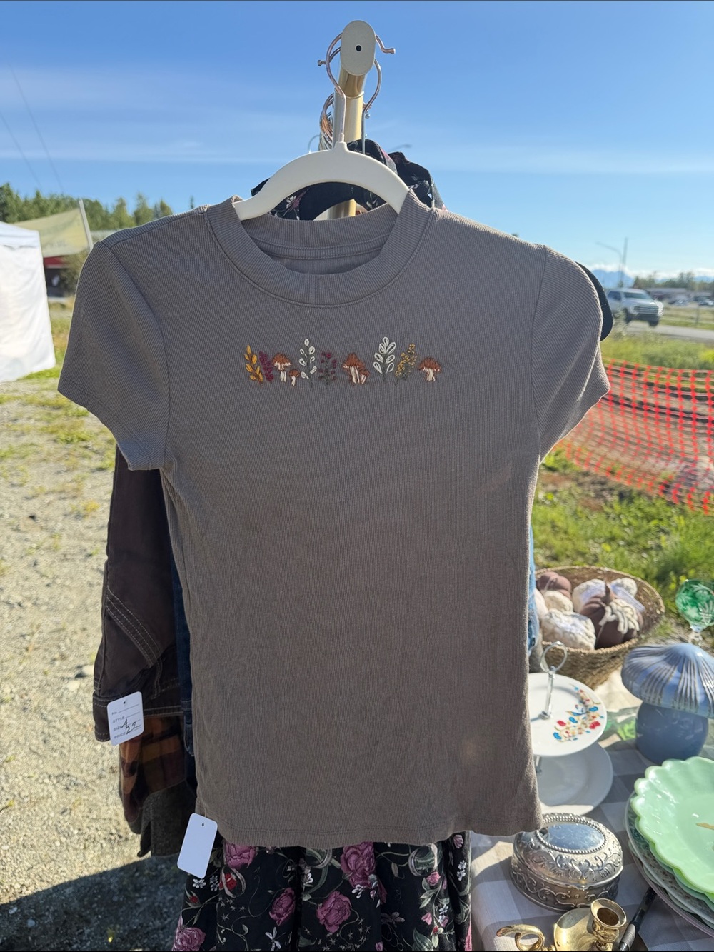 a new day Gray Short-Sleeve Tee with Embroidered Mushroom Row